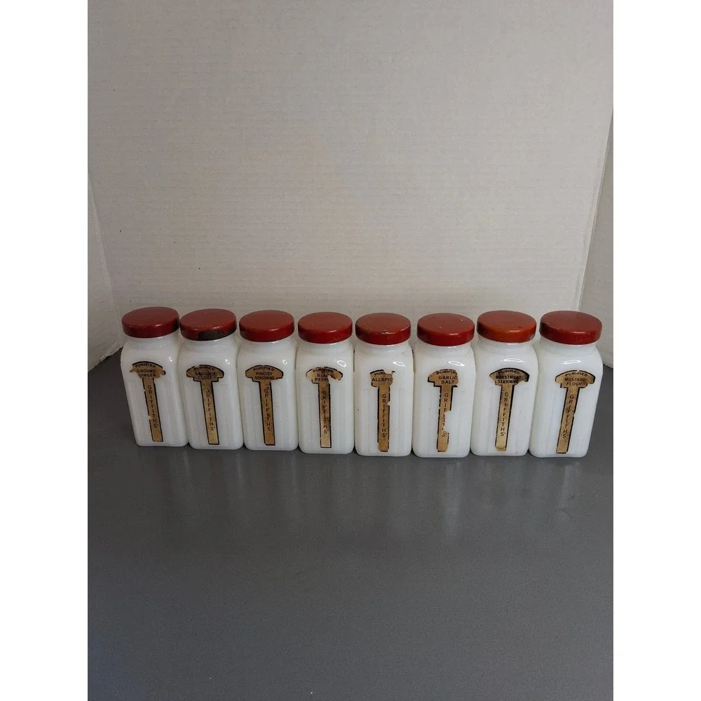 Vintage Griffiths Milk Glass Spice Jars Set of 8 Red Lids Art Deco Kitchen Decor